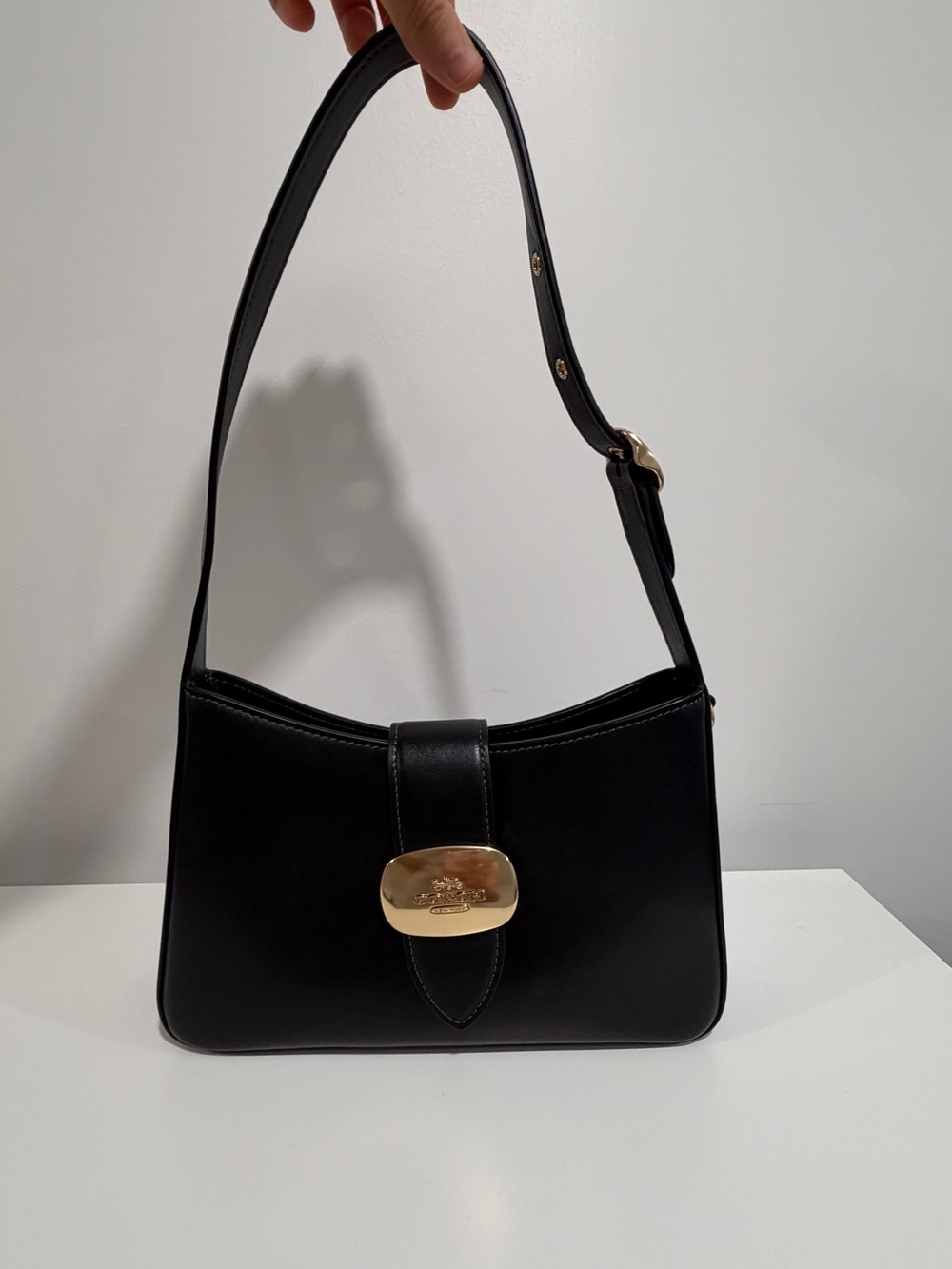 Coach Black Leather Shoulder Bag with Gold Turn-Lock